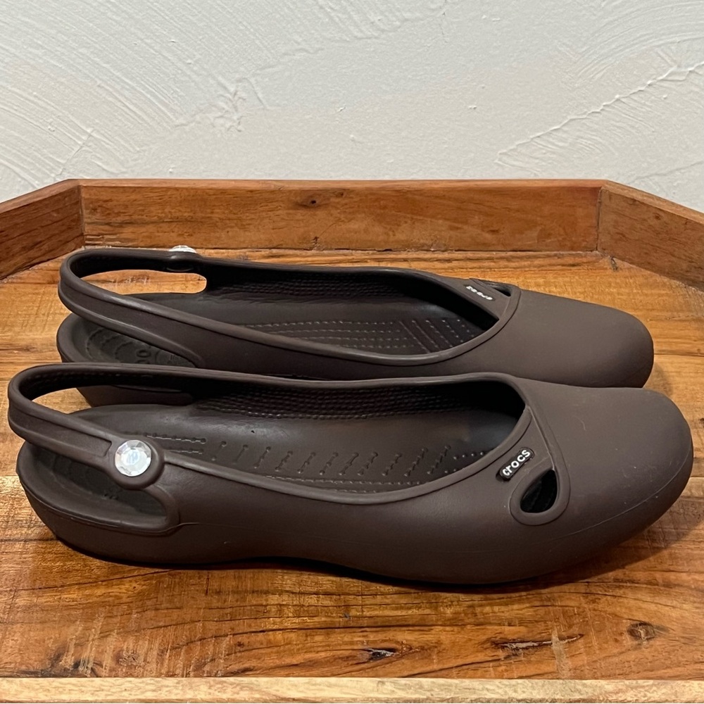 Crocs Olivia Brown Slingback Flats Rhinestone Jewel 10